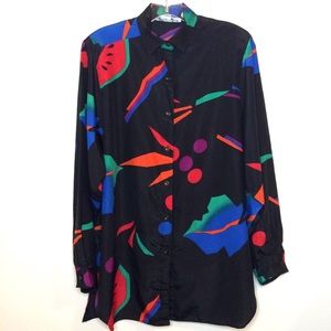Bright oversized button down shirt vintage silky blouse abstract print dress top
